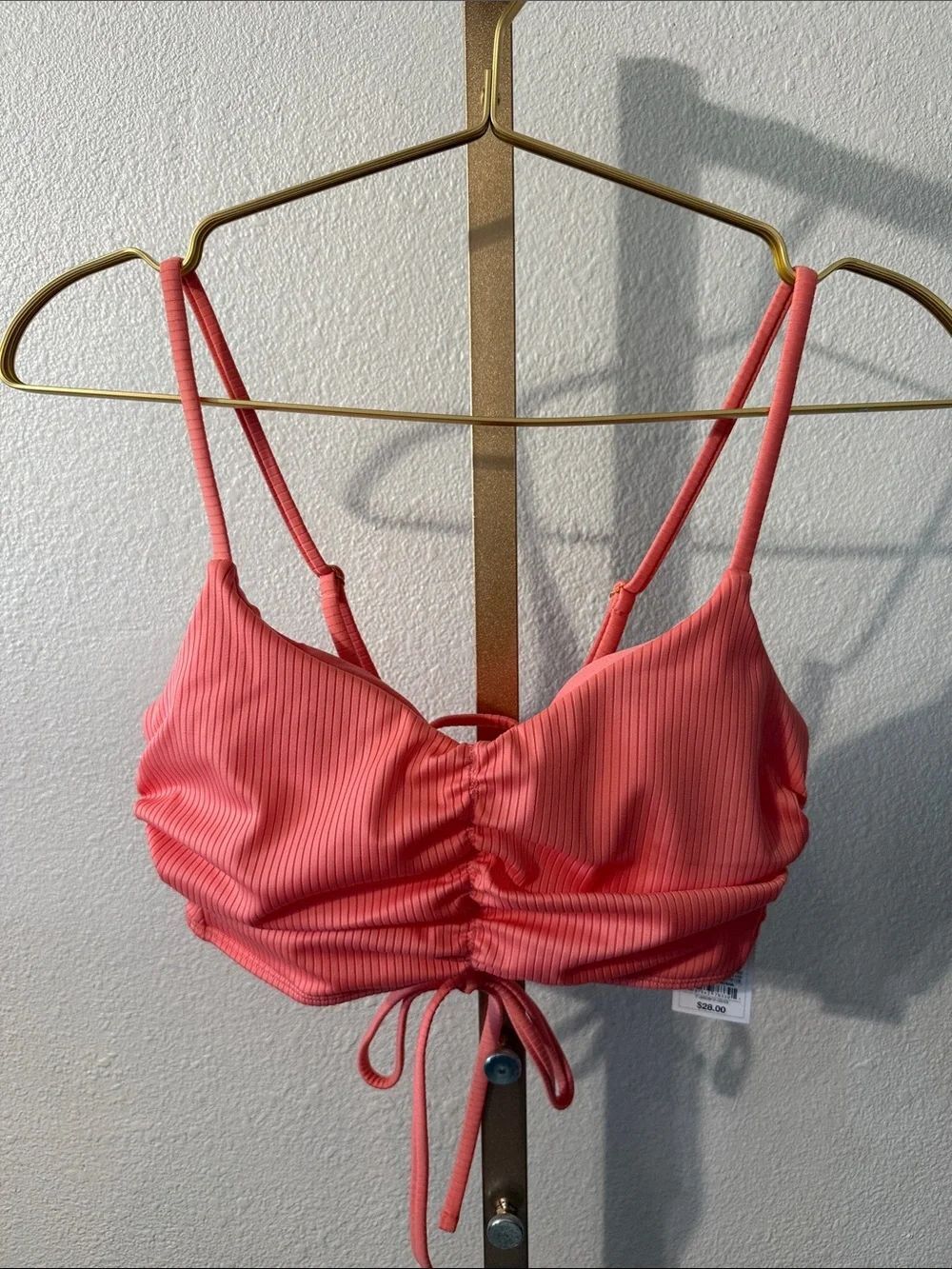 Shade & Shore- Ribbed Coral Pink Drawstring Bikini top- 34B- NWT